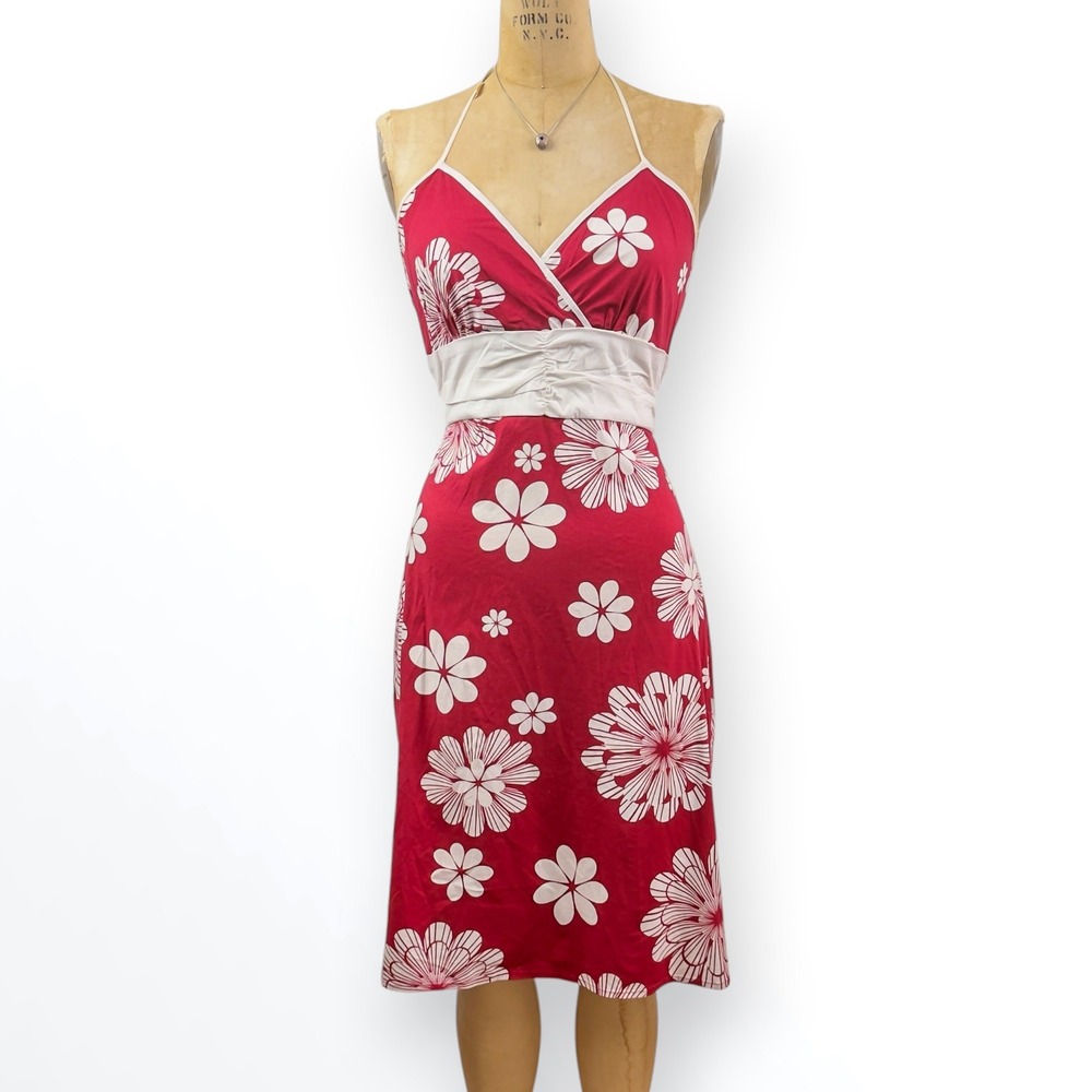 Y2K Retro‎ Halter Dress Hibiscus Print Empire Waist Tropical Summer Midi Size S